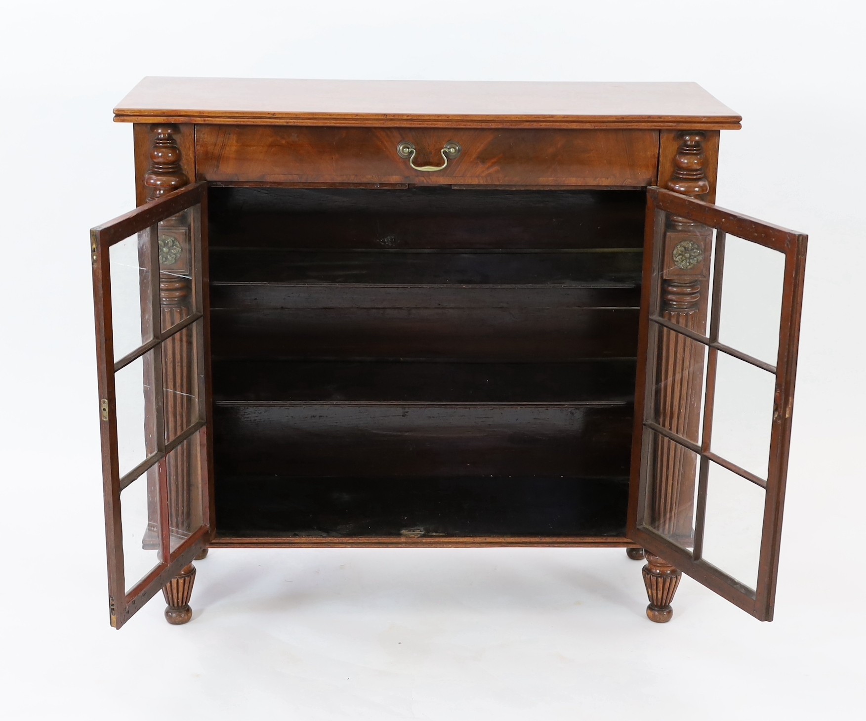 A George IV rosewood banded mahogany side cabinet, in the manner of Gillows, width 102cm, depth 40cm, height 93cm
